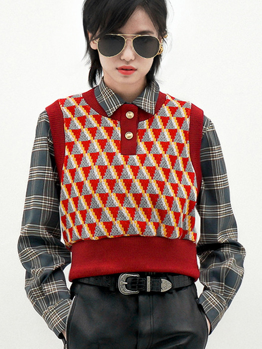 Geometric-Jacquard Cropped Sweater Vest(Red)_UTW-FC17 