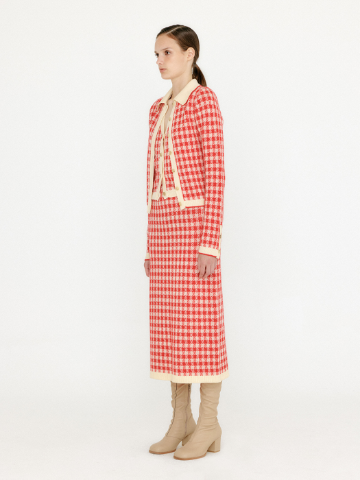 VEMILY Gingham Check Knit Midi Skirt - Red/Ivory
