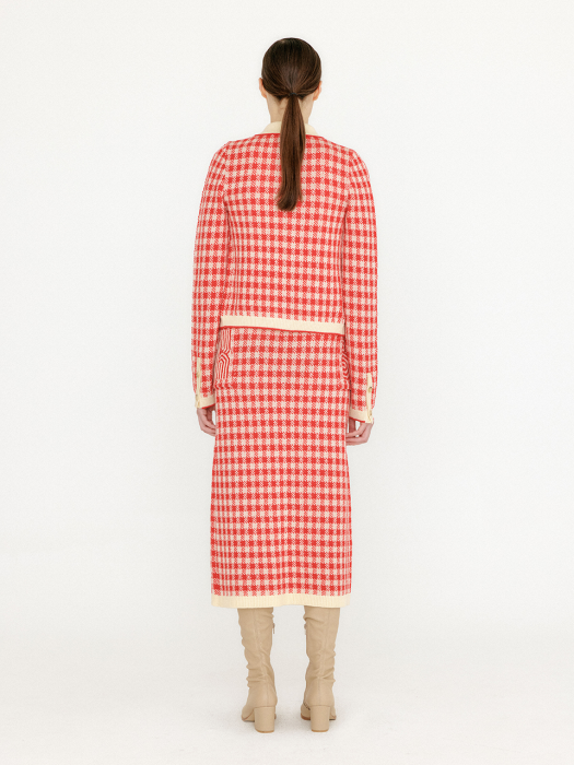 VEMILY Gingham Check Knit Midi Skirt - Red/Ivory