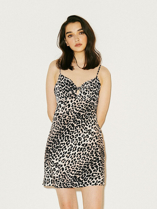  Pink Leopard SlipDress 핑크 호피 리본 포인트 미니 슬립 드레스 (캡 탈부착가능)