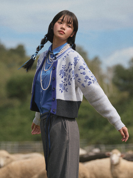 Waist Banding Floral Cardigan (Blue)