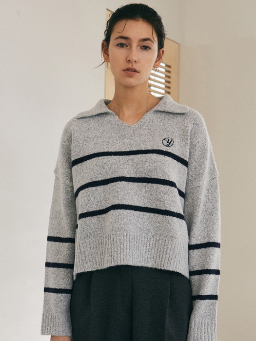 MODERN MOOD STRIPE OPEN COLLAR KNIT_GRAY