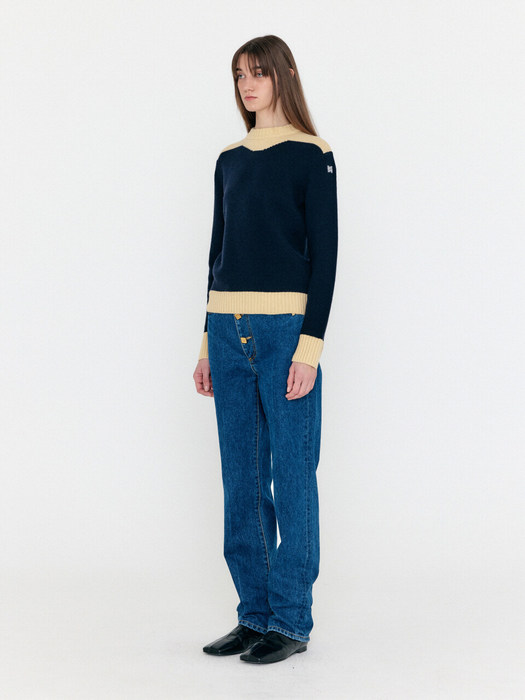 [EXCLUSIVE] Color Blocked Knit Pullover - Navy/Beige