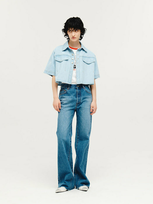 CROPPED DENIM SHORT SLEEVE SHIRT (SKY BLUE)