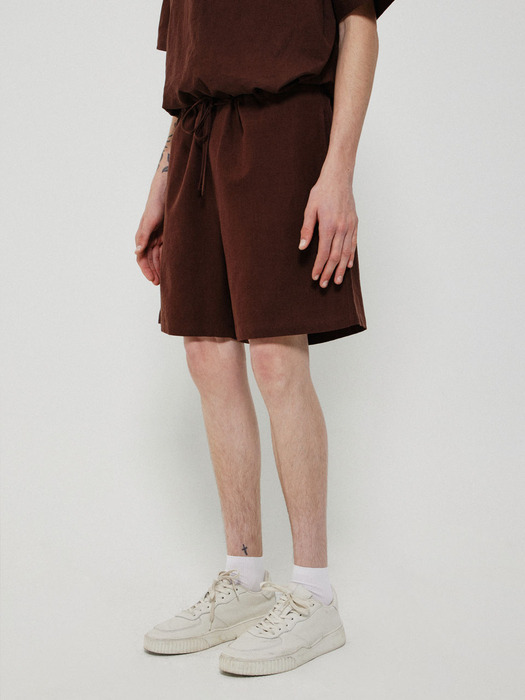 WASHED LINEN STRING SHORTS_BROWN