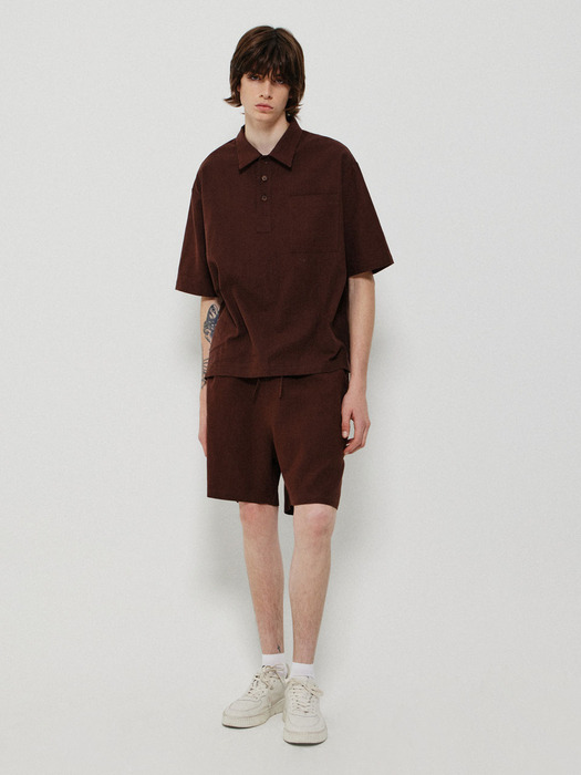 WASHED LINEN STRING SHORTS_BROWN
