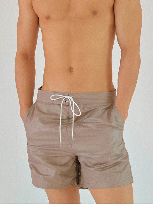  GLOSSY SWIM BOARD SHORTS BEIGE