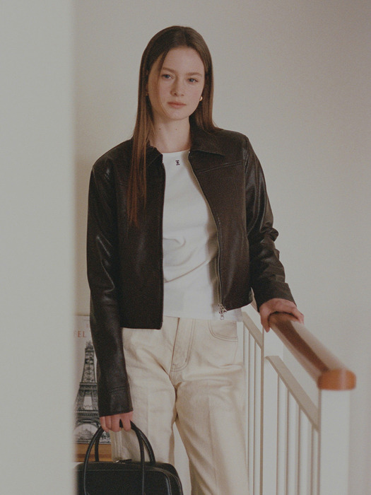 FAUX LEATHER CROP JACKET [BROWN]