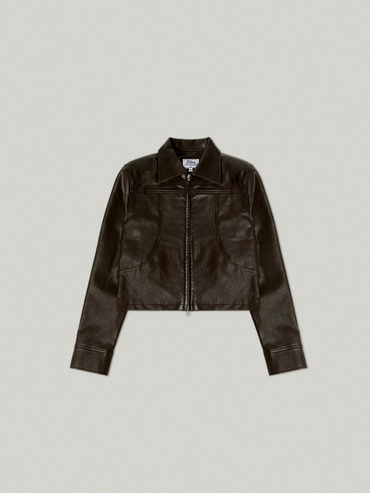 FAUX LEATHER CROP JACKET [BROWN]