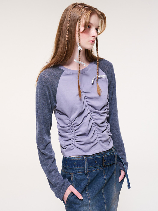 Knit Shirring Long Sleeve T-Shirt, Lavender Blue