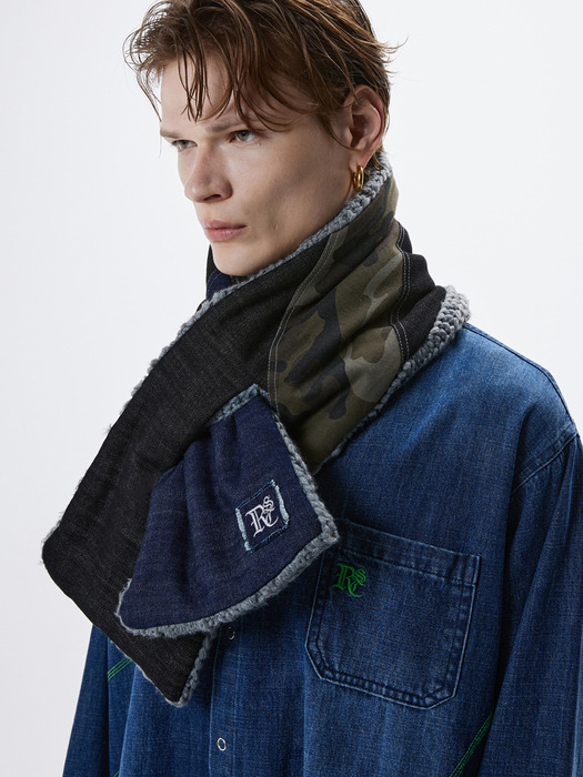 DENIM & KNIT REVERSIBLE MUFFLER - GRAY/DENIM