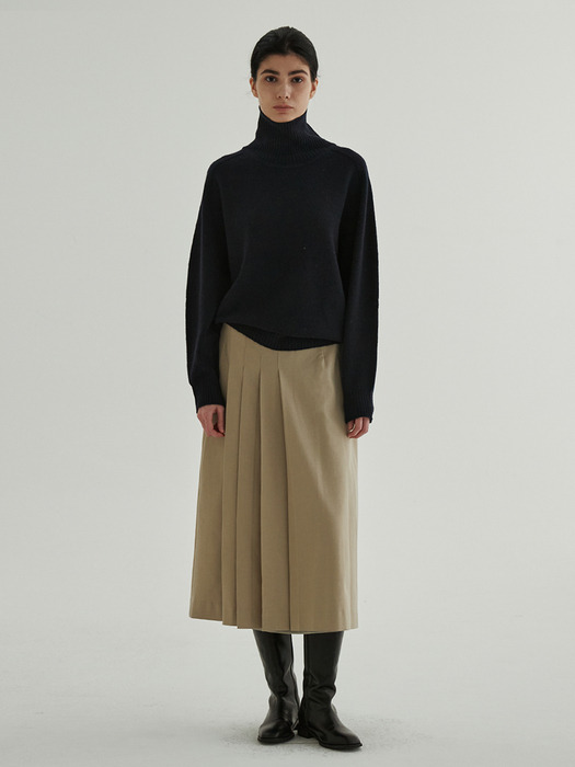 Pleats Detailed A_Line Wool Skirt (Sand Beige)