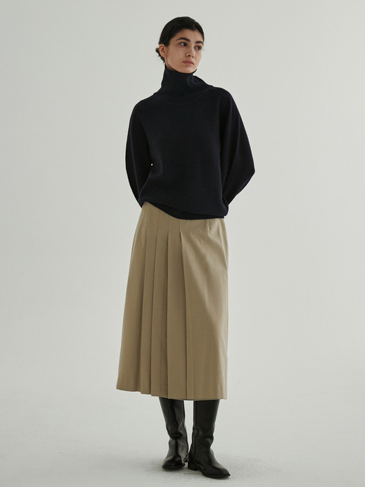 Pleats Detailed A_Line Wool Skirt (Sand Beige)