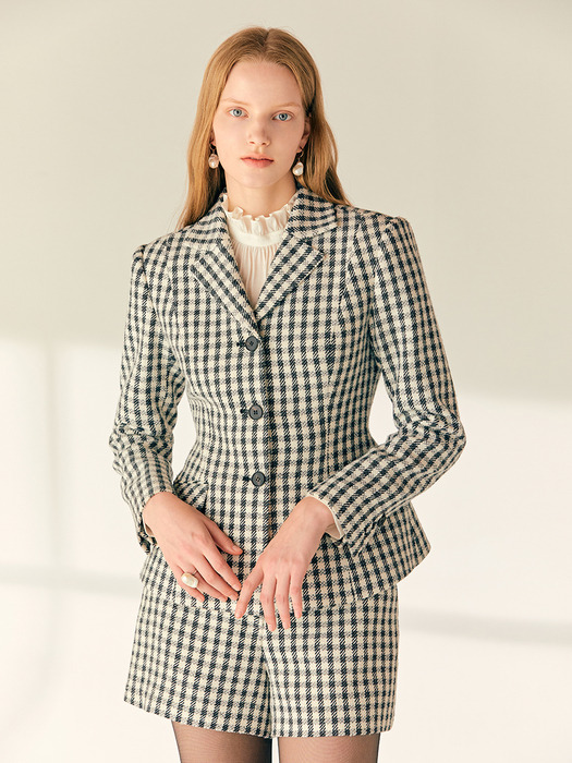 [SET]HALSTON Tailored collar check tweed jacket + CORA Check tweed suit shorts (Gray&Ivory)