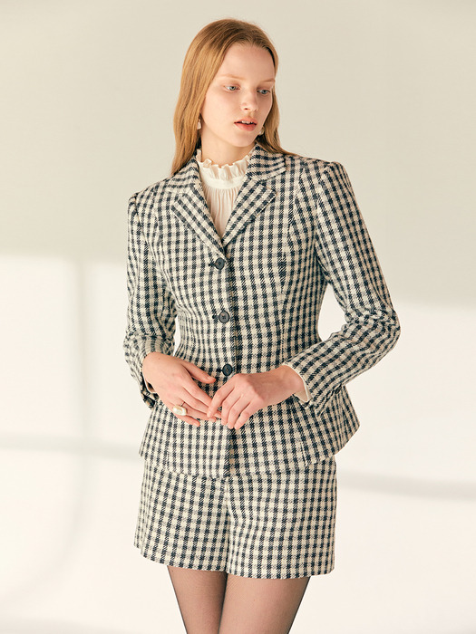 [SET]HALSTON Tailored collar check tweed jacket + CORA Check tweed suit shorts (Gray&Ivory)