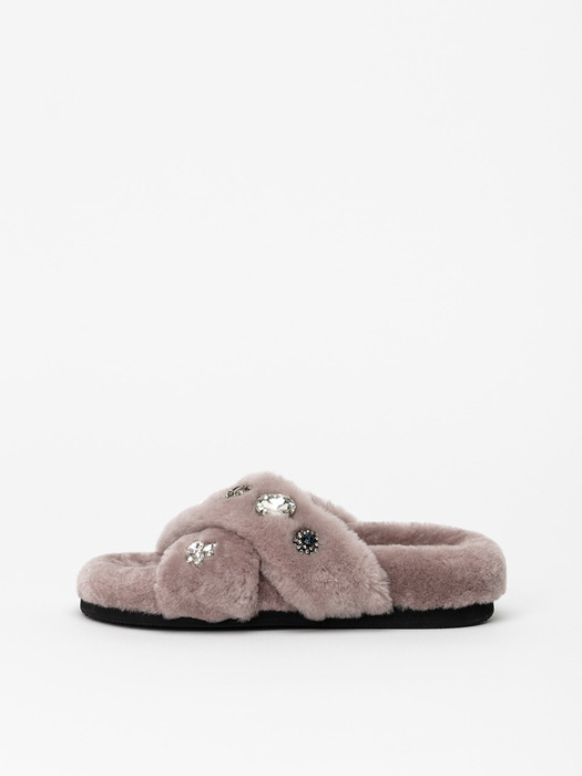 LAPEER EMBELLISHED SHEARLING SLIDES in MISTY ROSE FUR