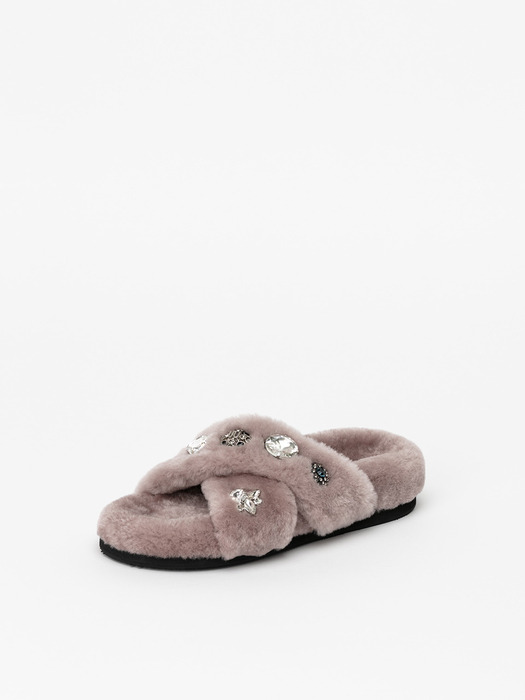 LAPEER EMBELLISHED SHEARLING SLIDES in MISTY ROSE FUR