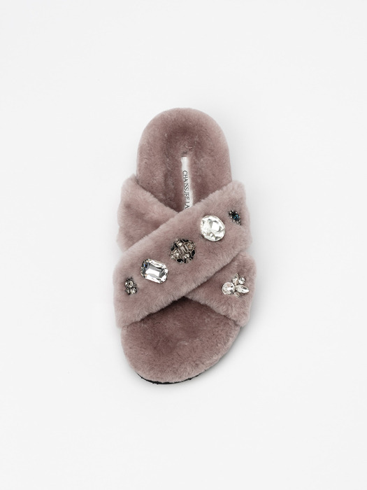 LAPEER EMBELLISHED SHEARLING SLIDES in MISTY ROSE FUR