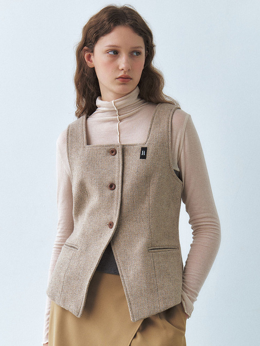 Single square wool tweed vest - Nut Beige