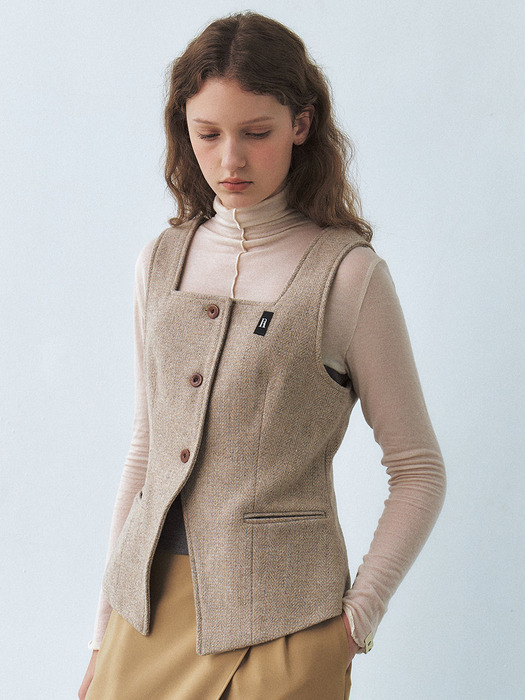 Single square wool tweed vest - Nut Beige