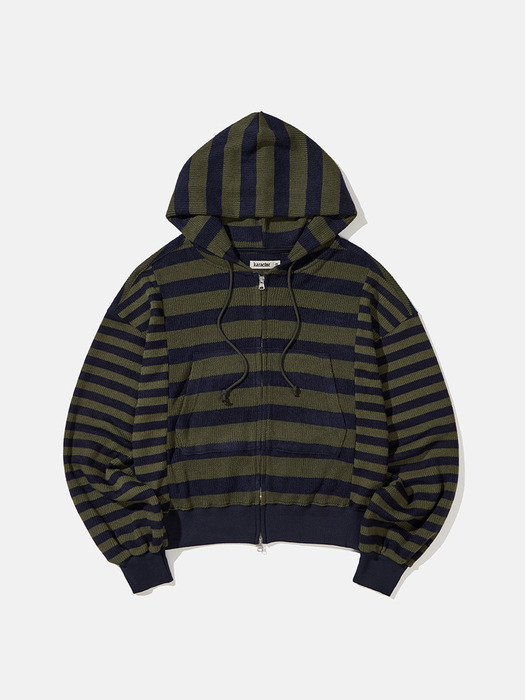 Striped knit hoodied zip up / Khaki blue