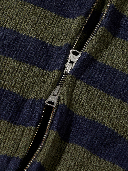 Striped knit hoodied zip up / Khaki blue