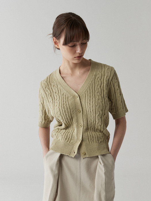 cable half cardigan-olive green