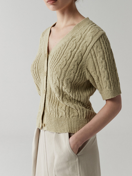 cable half cardigan-olive green