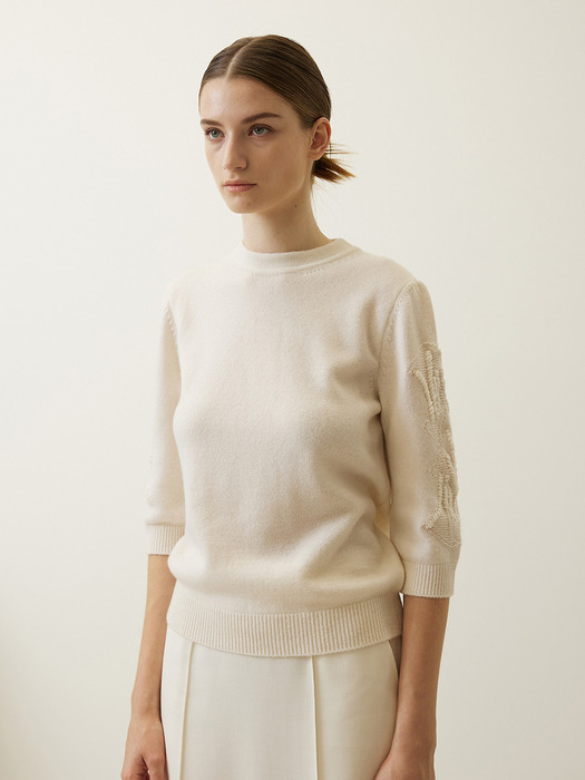 Embroidered-Sleeve Knit Top Ivory