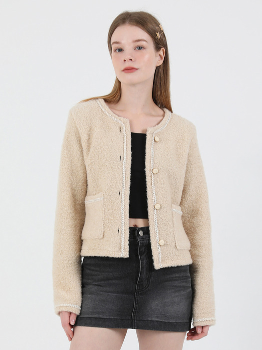 Tweed Wool Fur Jacket (Beige)