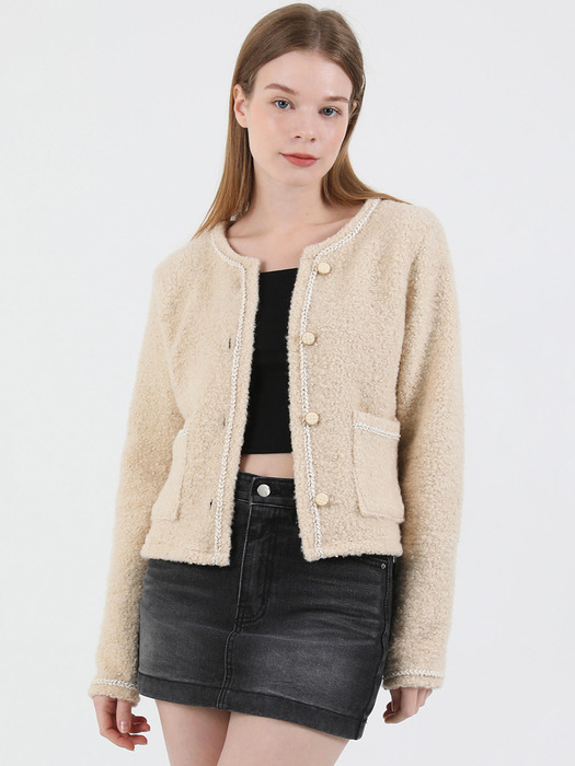 Tweed Wool Fur Jacket (Beige)