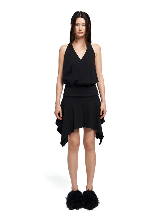 Washed cotton halter top dress (black)