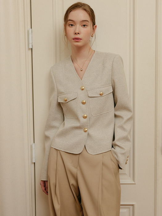 앨리 브이넥 트위드 자켓_멜란지 베이지 / ALLIE V NECK TWEED JACKET_MELANGE BEIGE