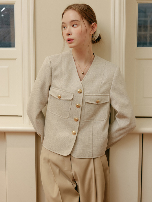 앨리 브이넥 트위드 자켓_멜란지 베이지 / ALLIE V NECK TWEED JACKET_MELANGE BEIGE