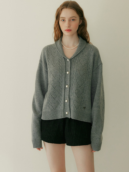 HEART COLLAR WOOL CARDIGAN - GRAY