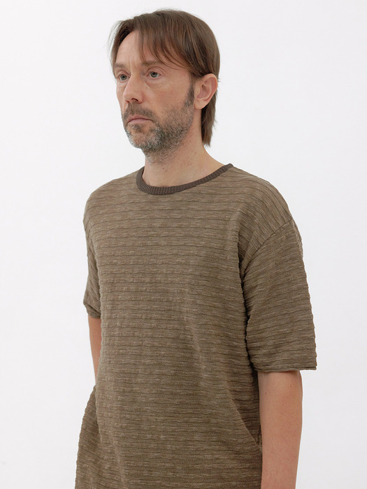 [Men] Slub Stripe Knit T-Shirt (Khaki)