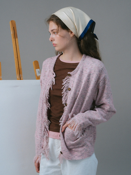 U Wool Fringe Detail Cardigan_Dusty Peony