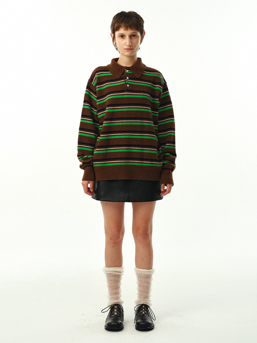 02 M.C UNISEX, Stripe Wool Collar Knit / Forest Brown