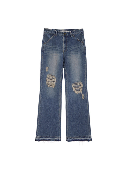 SEMI BOOTS CUT DAMAGE DENIM PANTS IN BLUE