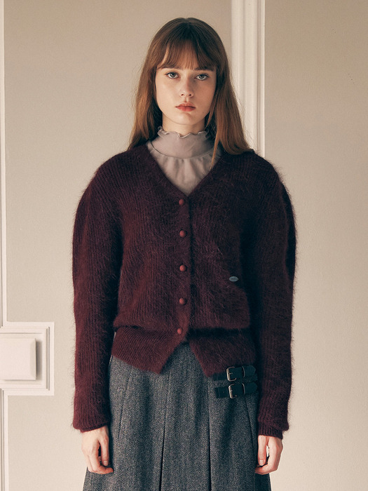 ANGORA HAIRY BALLOON CARDIGAN BURGUNDY