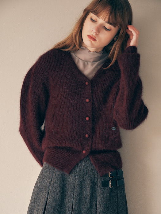 ANGORA HAIRY BALLOON CARDIGAN BURGUNDY