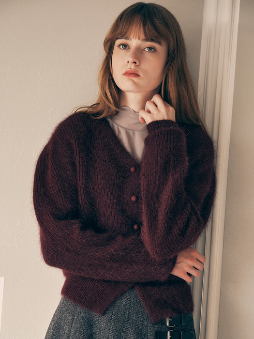 ANGORA HAIRY BALLOON CARDIGAN BURGUNDY