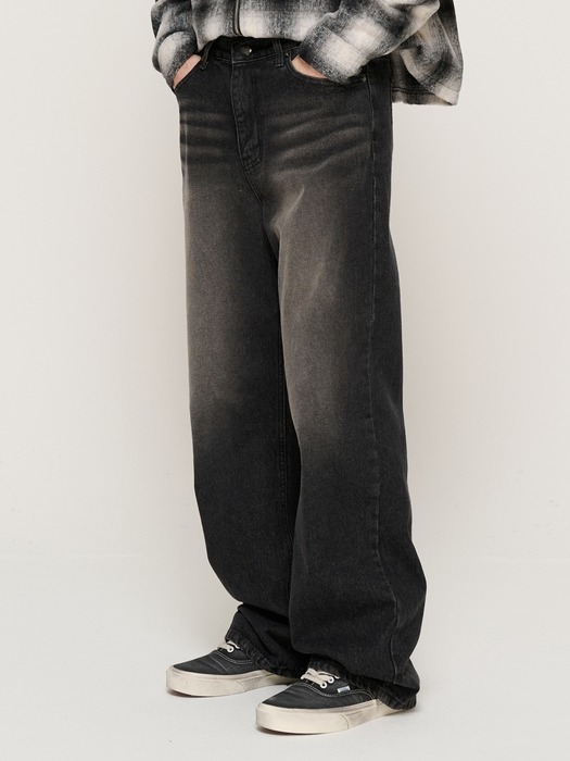 VINTAGE WASHING SEMI-WIDE DENIM PANTS (BLACK)