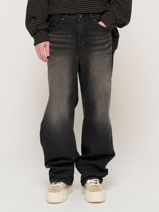 VINTAGE WASHING SEMI-WIDE DENIM PANTS (BLACK)