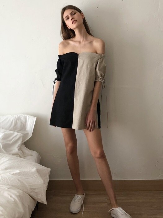 18 SS tulip off-the-shoulder linen mini dress (beige+black)