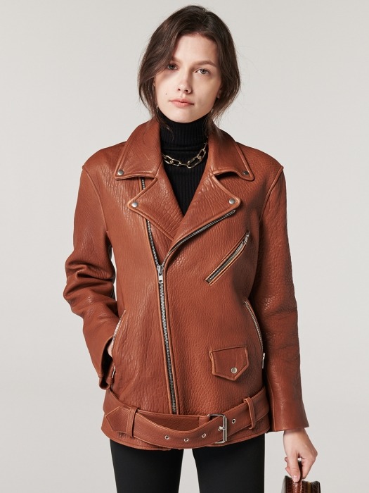 OVERSIZE LEATHER BIKER JACKET. BROWN