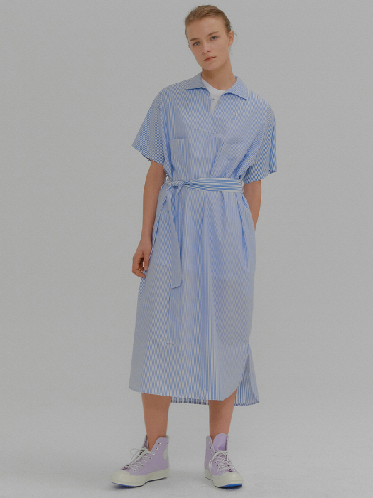 MABEL Blue Stripe Short Sleeve Striped Collar Dress
