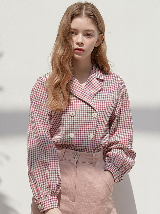 [By Joorti] J420 gingham check double blouse (pink)