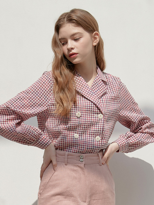 [By Joorti] J420 gingham check double blouse (pink)