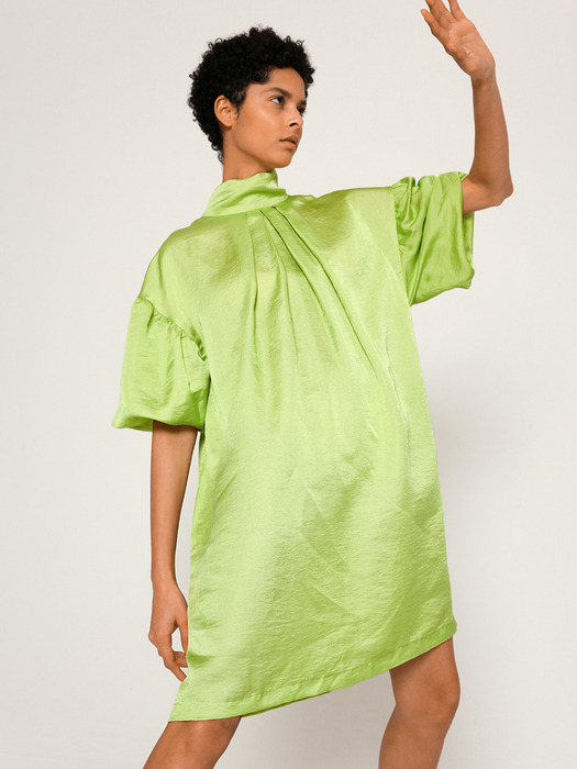 High-neck gathered linen silk-blend dress in Apple green (2-way)